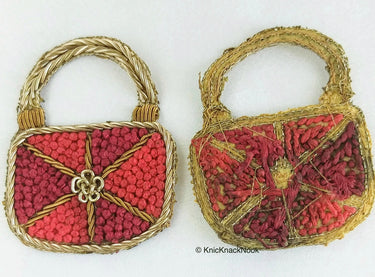 Hand Embroidered Handbag Applique In Red and Antique Gold Zardozi Embroidery, Appliqué Patch, Bag Applique